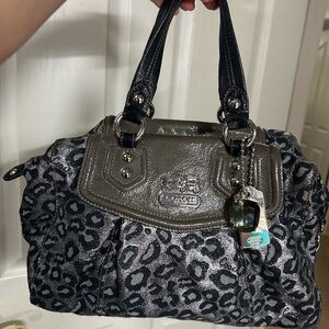 Coach Black and Gray Leopard Patent Trim Satchel with Charm